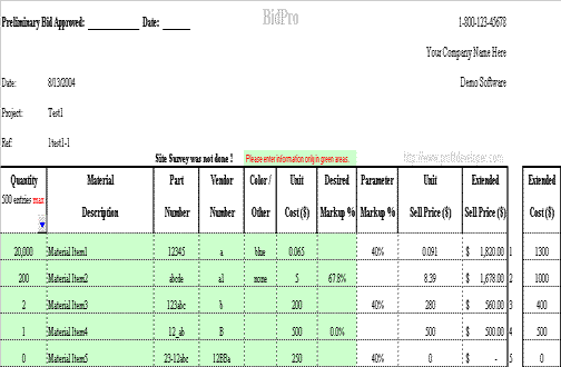 BidPro Material Sheet Layout