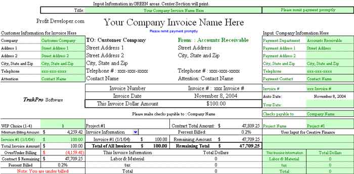 TrakPro Invoice Sheet